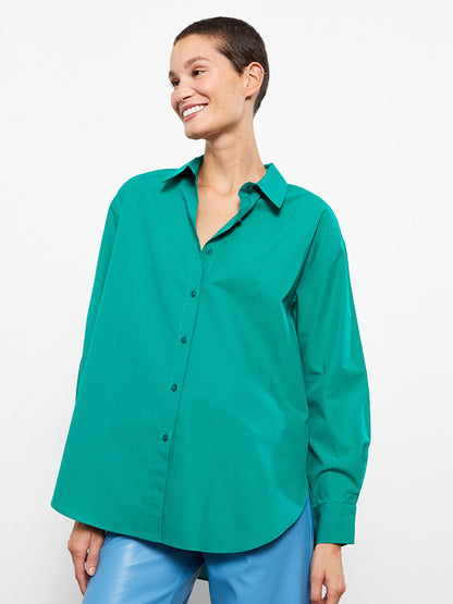 Front Button Closure Plain Long Sleeve Poplin Women's Shirt