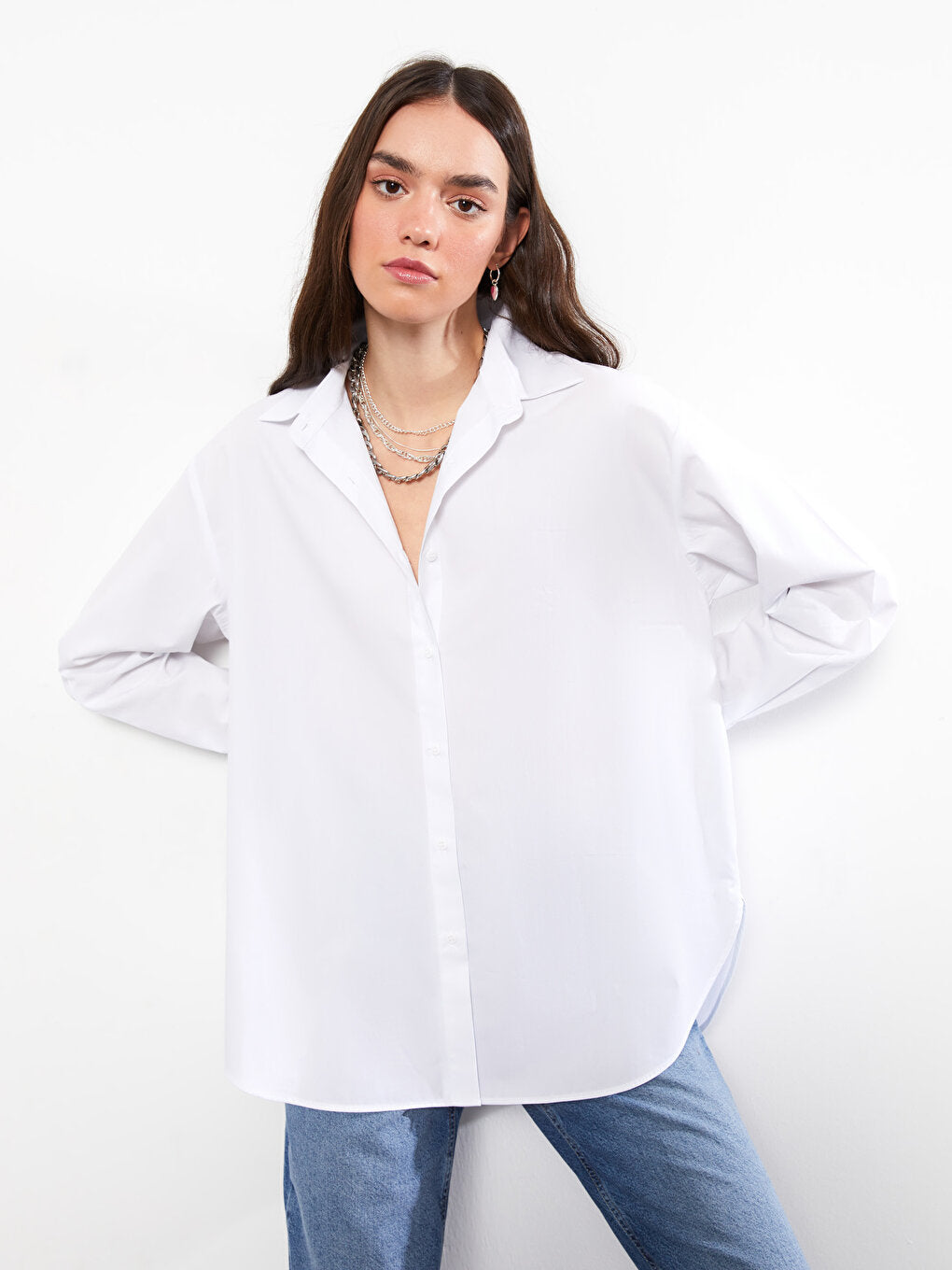 Front Button Closure Plain Long Sleeve Poplin Women's Shirt