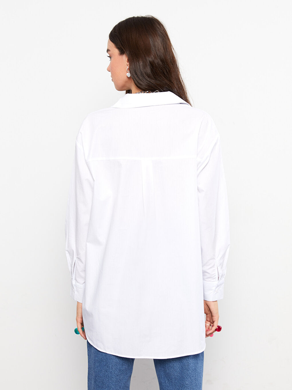 Front Button Closure Plain Long Sleeve Poplin Women's Shirt