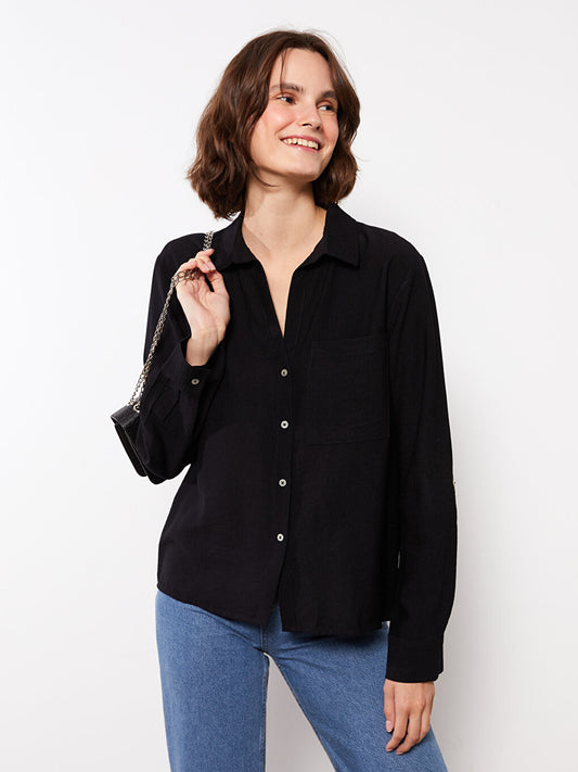 Front Button Closure Plain Long Sleeve Women's Shirt