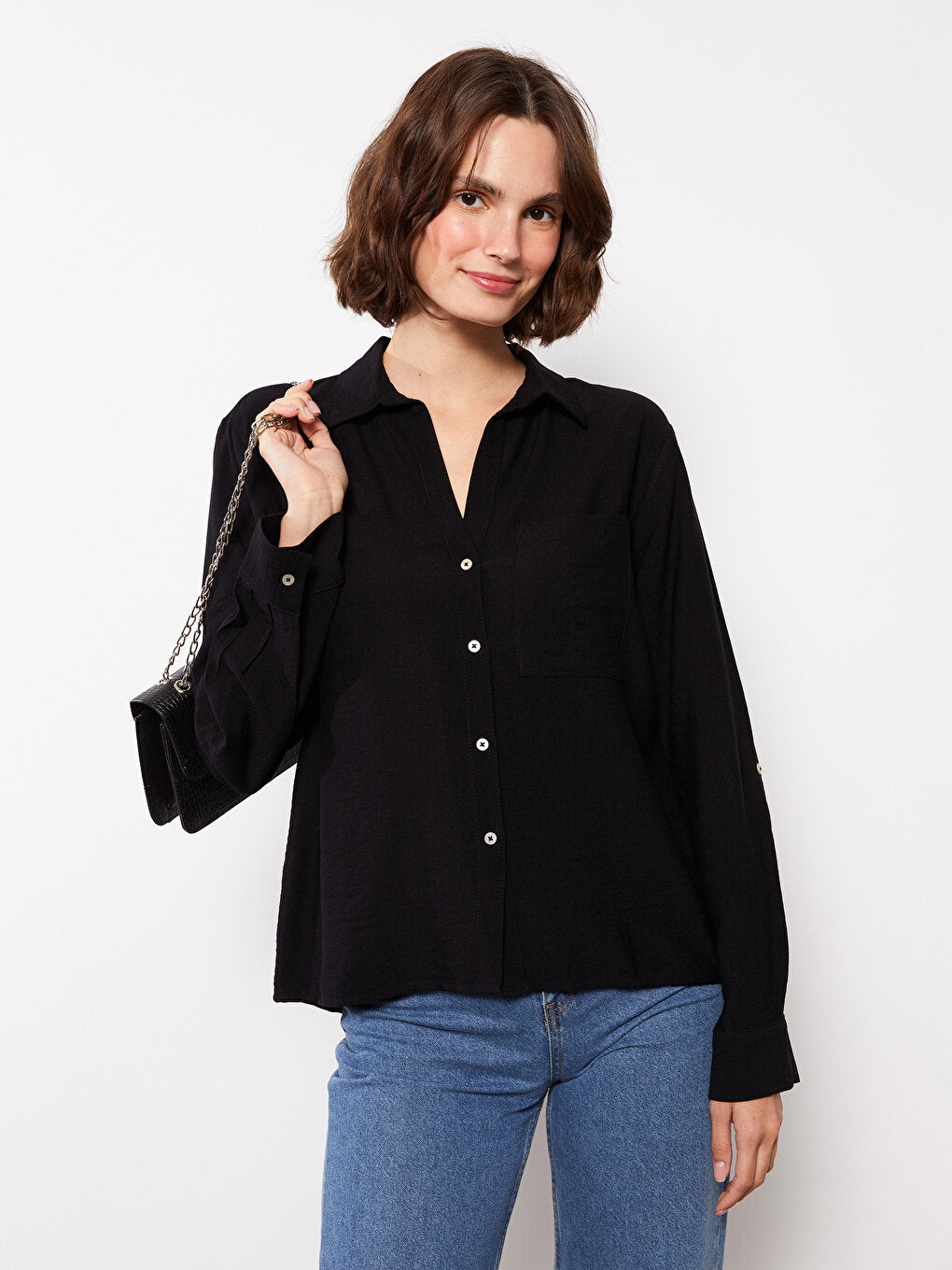 Front Button Closure Plain Long Sleeve Women's Shirt