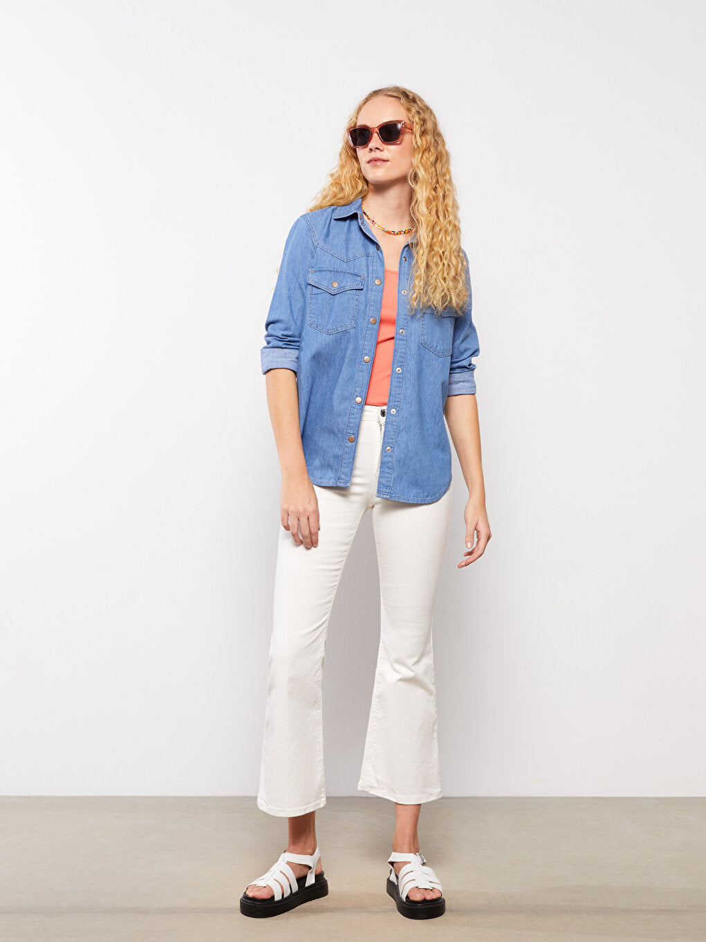 Front Button Closure Plain Long Sleeve Women's Jean Shirt