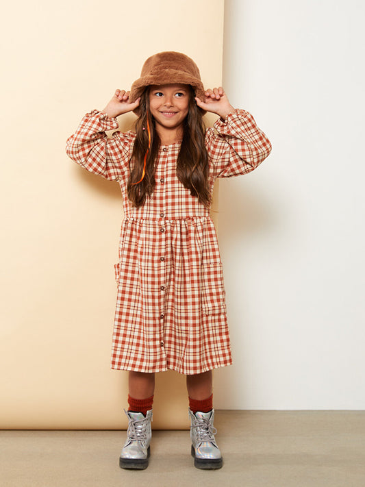 Crew Neck Plaid Long Sleeve Girl's Dress