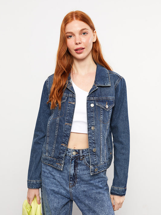 Front Button Closure Plain Long Sleeve Women's Jean Jacket