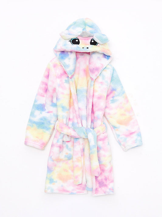 Hooded Embroidered Long Sleeve Plush Girl's Dressing Gown