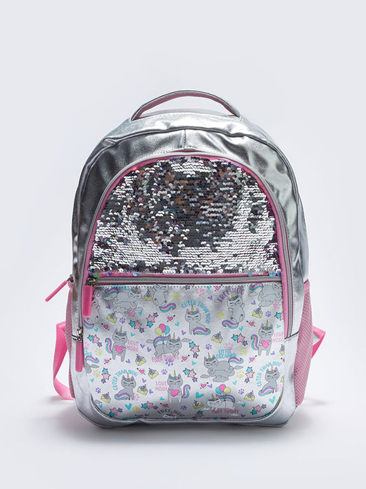 Printed Sequined Girl's Backpack