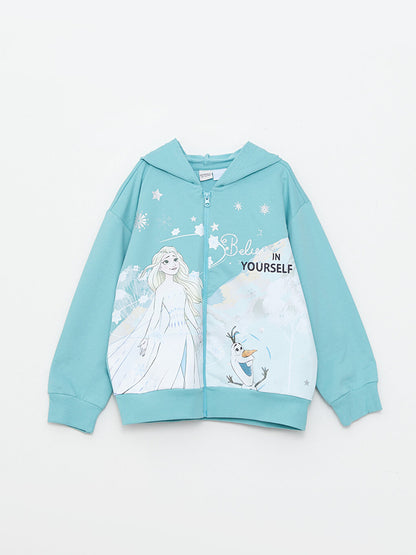 Hooded Elsa Printed Long Sleeve Girl's Zippered Sweatshirt