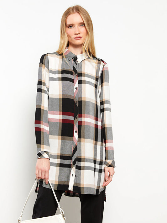 Plaid Long Sleeve Viscose Women's Shirt Tunic