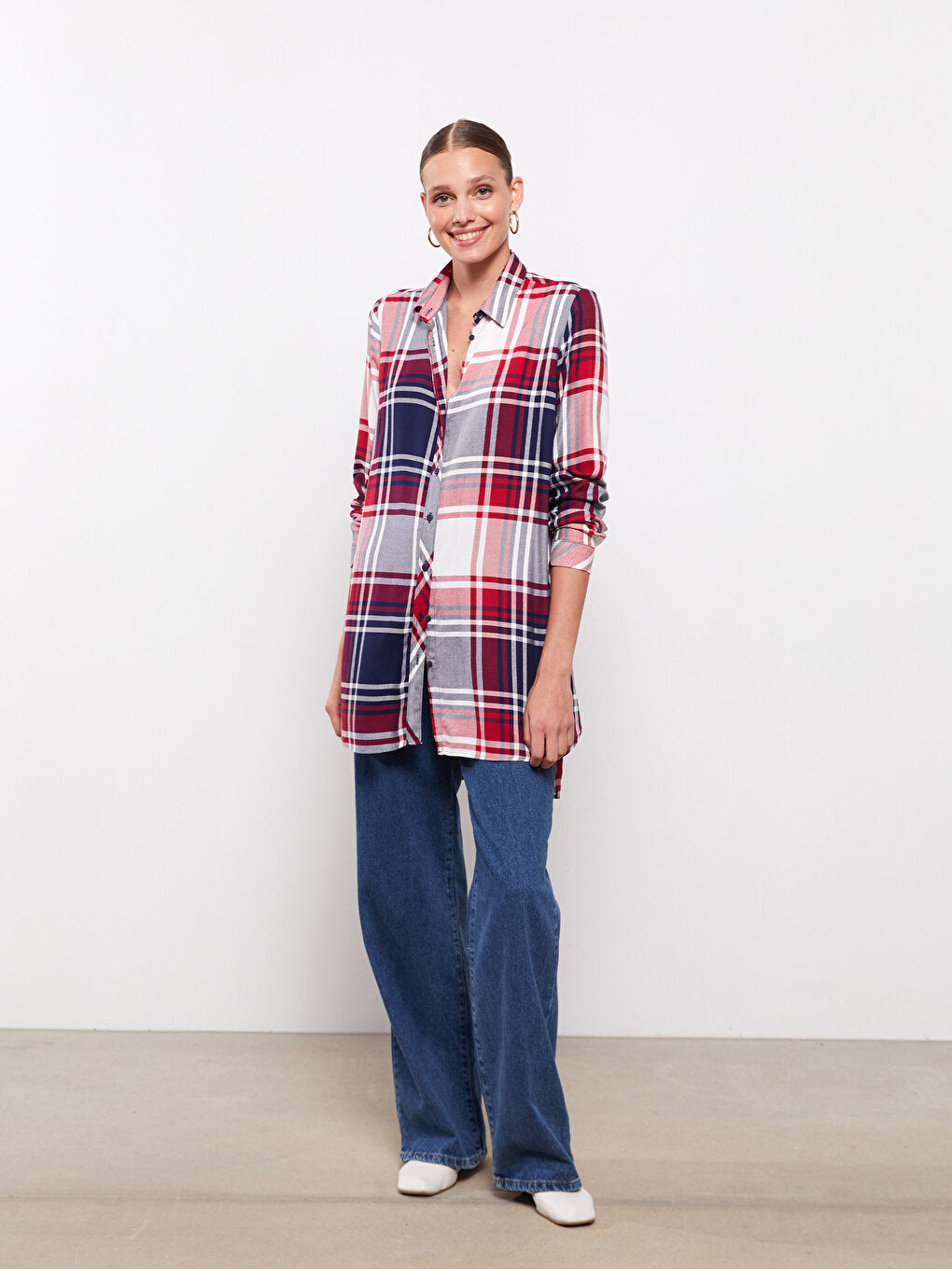 Plaid Long Sleeve Viscose Women's Shirt Tunic