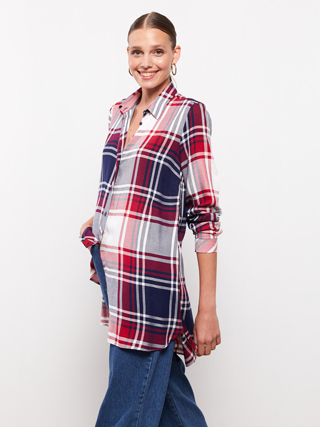 Plaid Long Sleeve Viscose Women's Shirt Tunic