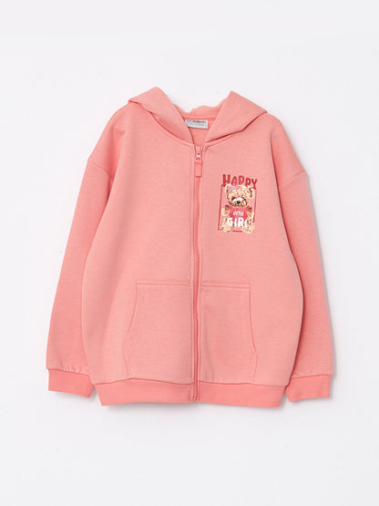 Hooded Printed Long Sleeve Girl's Zipper Sweatshirt