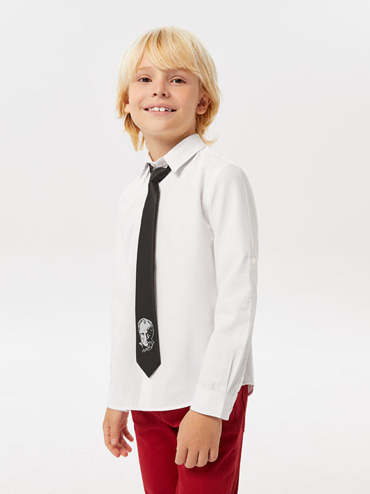 Long Sleeve Poplin Boy's Shirt and Ataturk Printed Tie