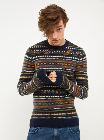 Crew Neck Long Sleeve Patterned Men's Knitwear Sweater