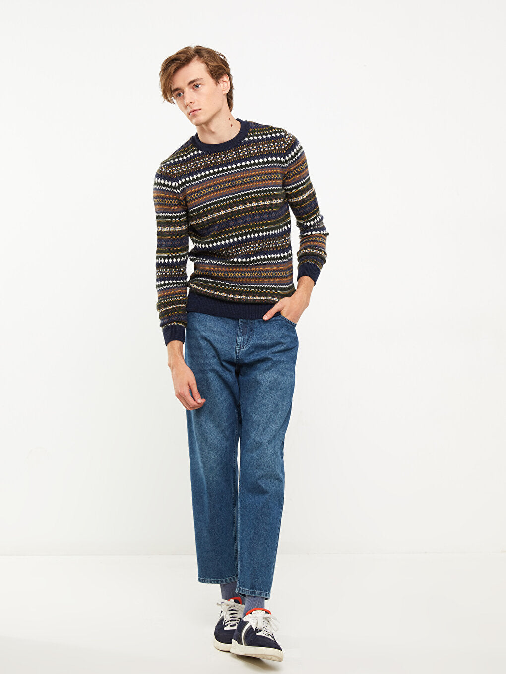 Crew Neck Long Sleeve Patterned Men's Knitwear Sweater