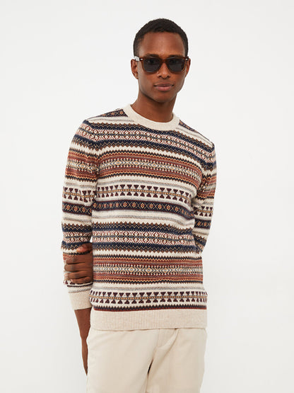 Crew Neck Long Sleeve Patterned Men's Knitwear Sweater