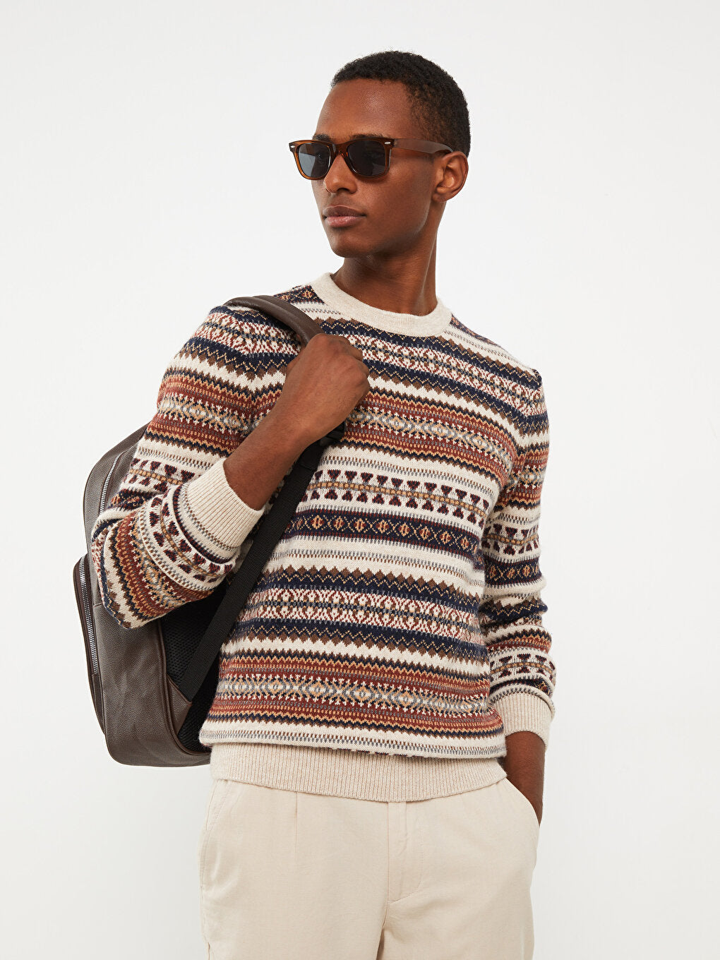 Crew Neck Long Sleeve Patterned Men's Knitwear Sweater