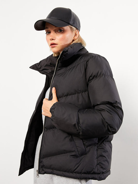 Stand-up Collar Plain Long Sleeve Women's Puffer Coat