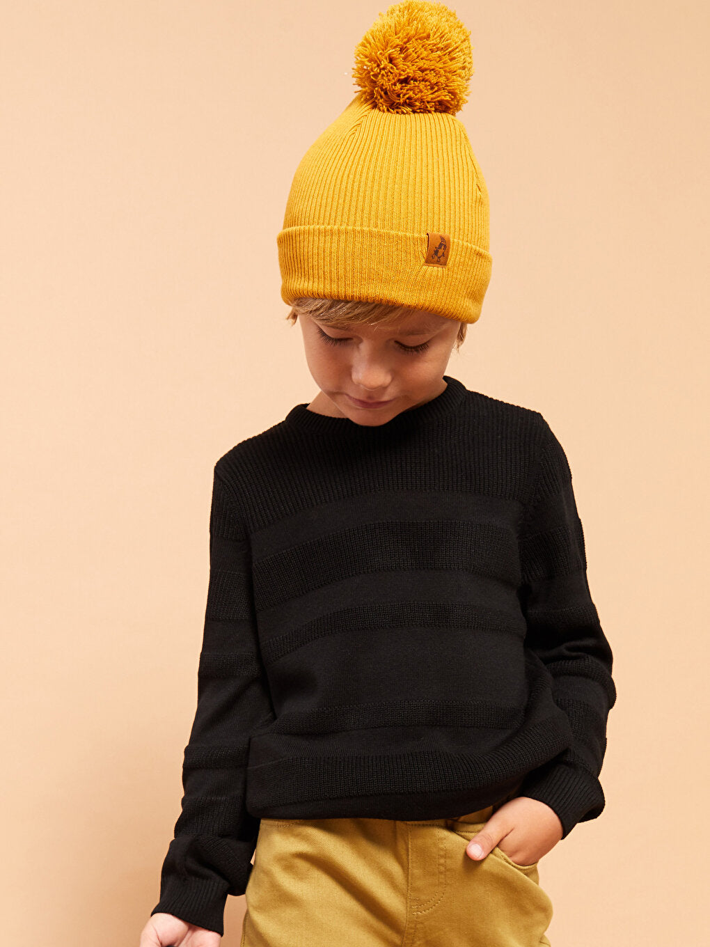 Label Embroidered Pompom Boy Beanie