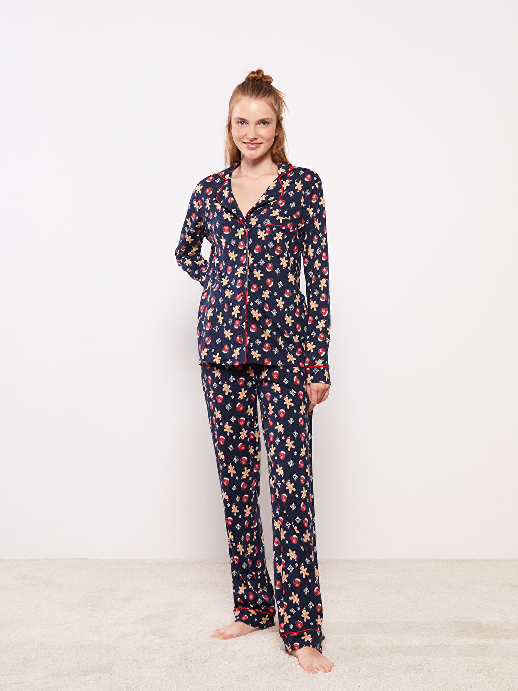 Shirt Collar New Year Themed Long Sleeve Cotton Women's Pajama Set