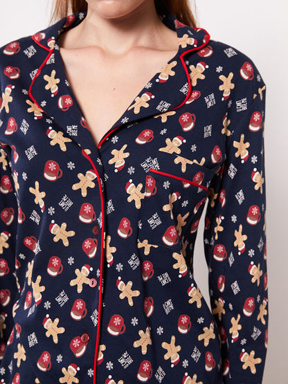 Shirt Collar New Year Themed Long Sleeve Cotton Women's Pajama Set