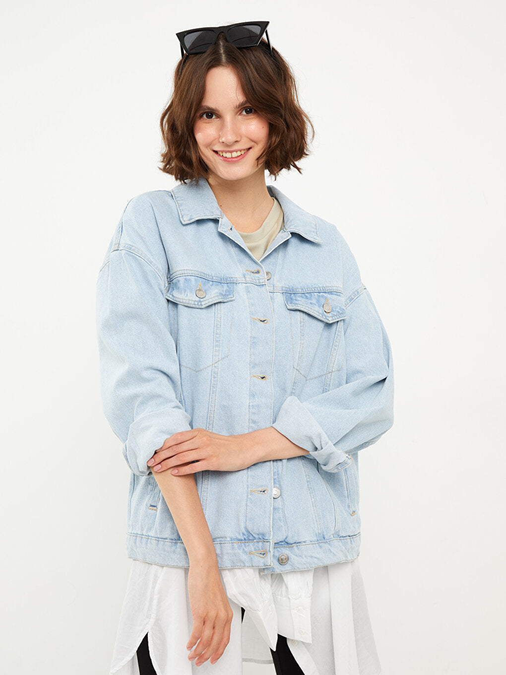 Shirt Collar Plain Long Sleeve Women's Jean Jacket