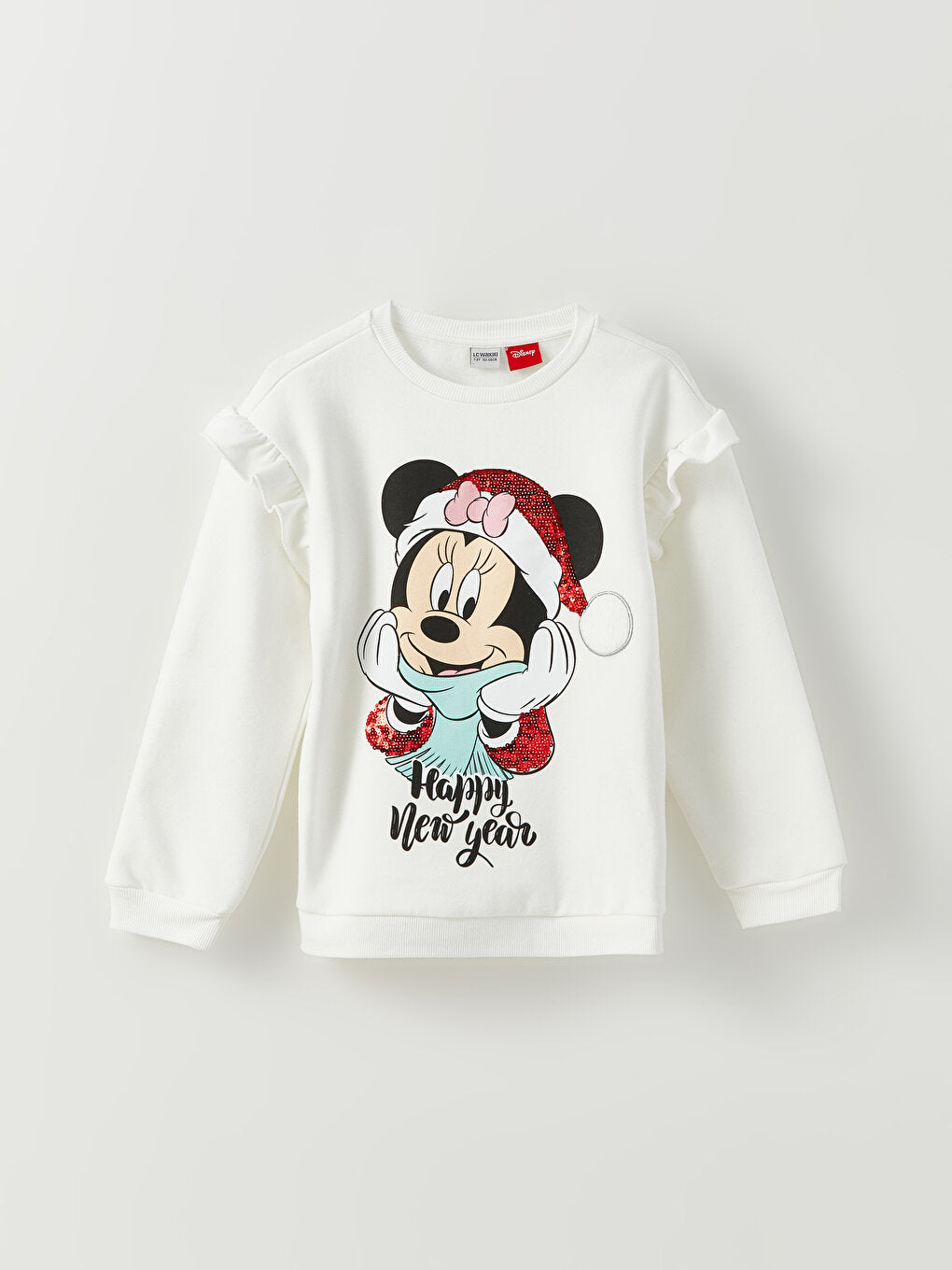 Crew Neck Minnie Mouse Printed New Year's Themed Long Sleeve Girl's Sweatshirt