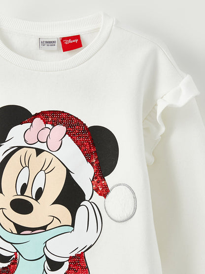 Crew Neck Minnie Mouse Printed New Year's Themed Long Sleeve Girl's Sweatshirt