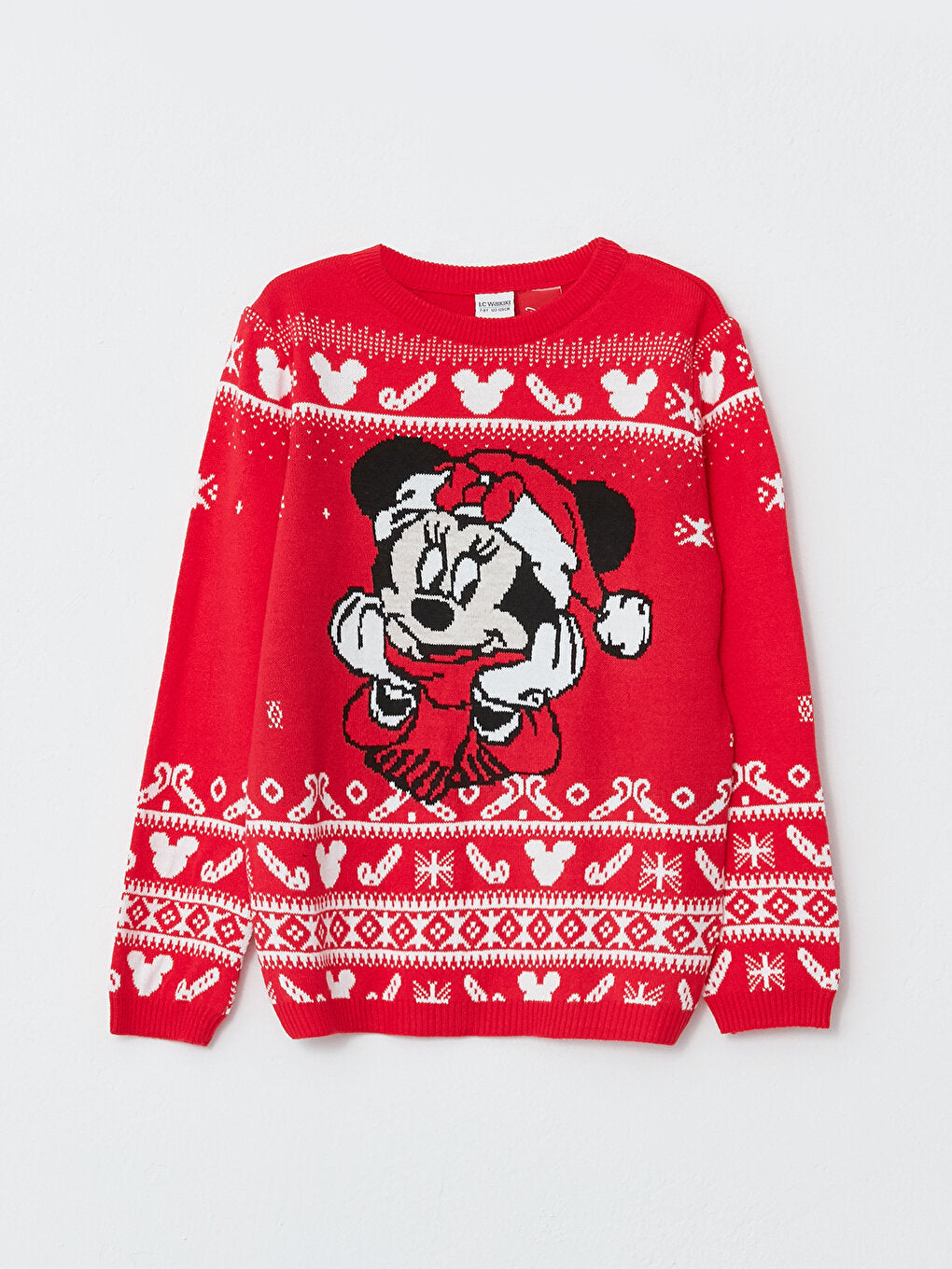 Crew Neck Minnie Mouse Patterned New Year's Themed Long Sleeve Girl's Knitwear Sweater