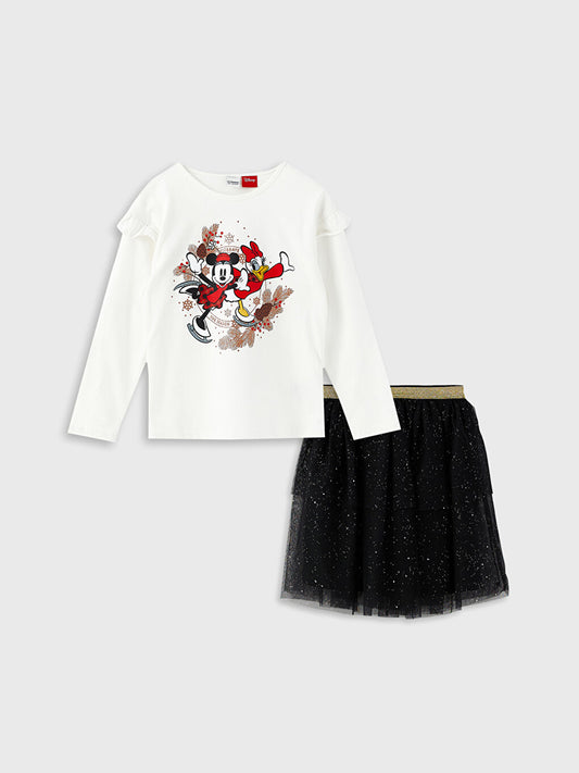 Crew Neck Mickey Mouse and Daisy Duck Printed Long Sleeve Girls' T-Shirt and Skirt