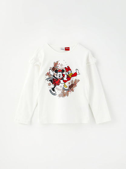 Crew Neck Mickey Mouse and Daisy Duck Printed Long Sleeve Girls' T-Shirt and Skirt