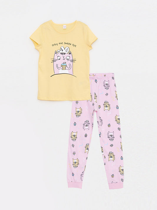 Crew Neck Printed Short Sleeve Girl's Pajama Set