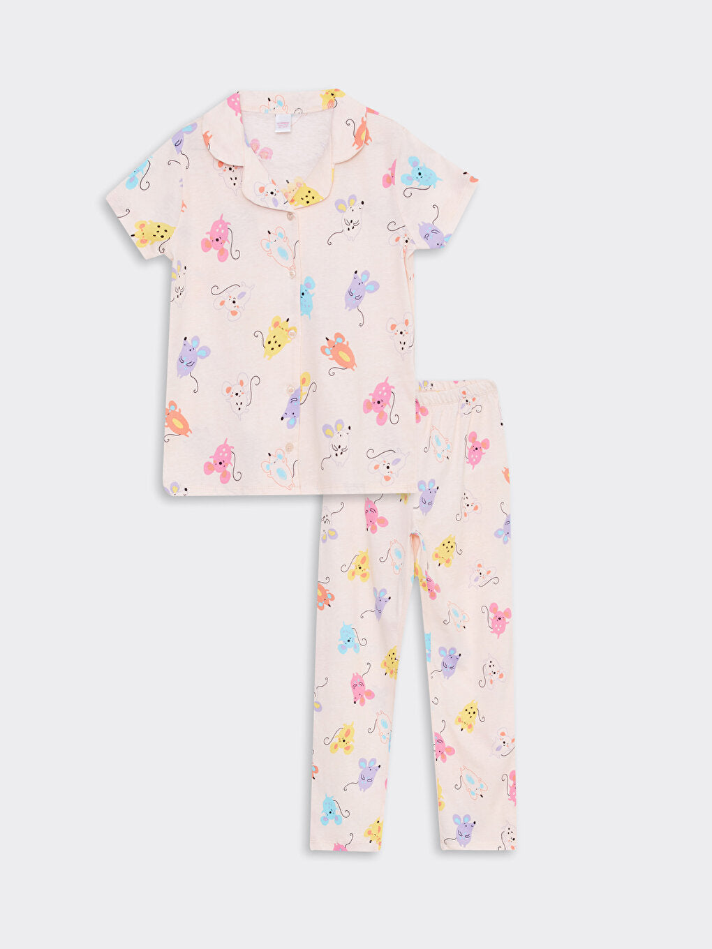 Shirt Collar Printed Short Sleeve Girls Pajama Set