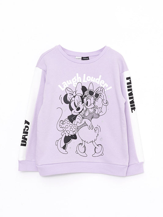 Crew Neck Minnie Mouse and Daisy Duck Printed Long Sleeve Girl's Sweatshirt