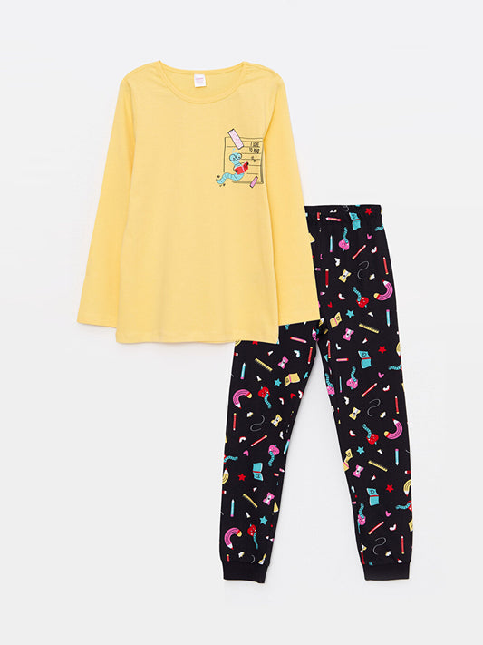 Crew Neck Printed Long Sleeve Girls Pajama Set