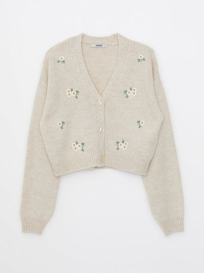 Crew Neck Embroidered Long Sleeve Women's Knitwear Cardigan