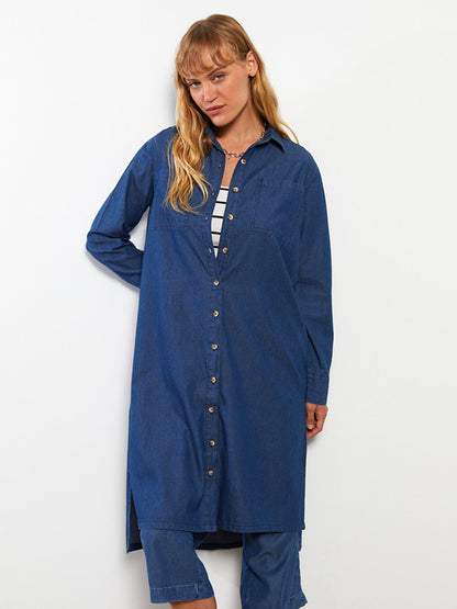 Shirt Collar Plain Long Sleeve Women's Jean Tunic