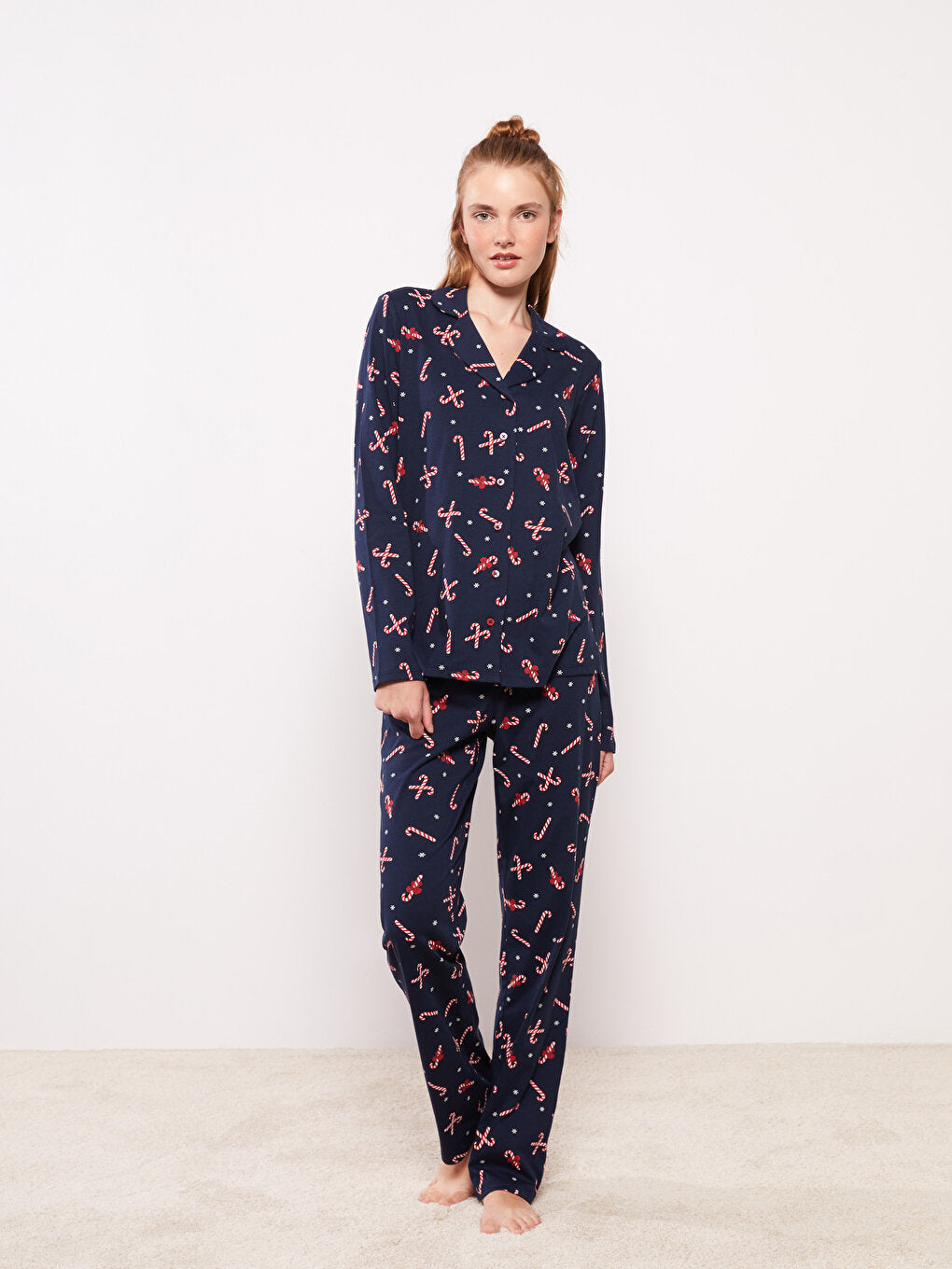 Shirt Collar New Year Themed Long Sleeve Cotton Women's Pajama Set