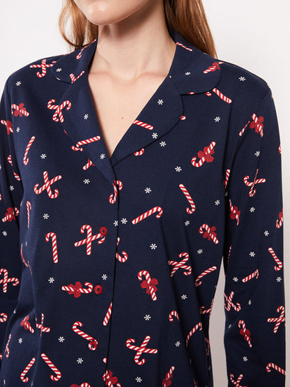 Shirt Collar New Year Themed Long Sleeve Cotton Women's Pajama Set