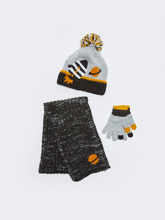 Embroidered Boy's Scarf, Beret and Gloves Set