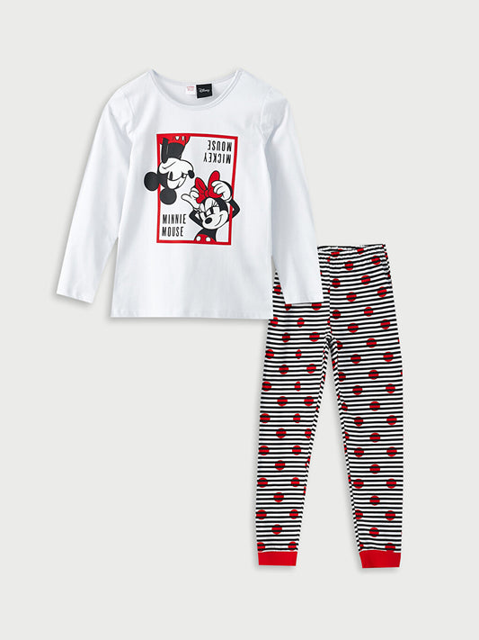 Crew Neck Minnie and Mickey Mouse Printed Long Sleeve Girls' Pajama Set