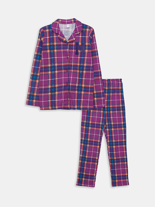 Shirt Collar Plaid Long Sleeve Girls Pajama Set