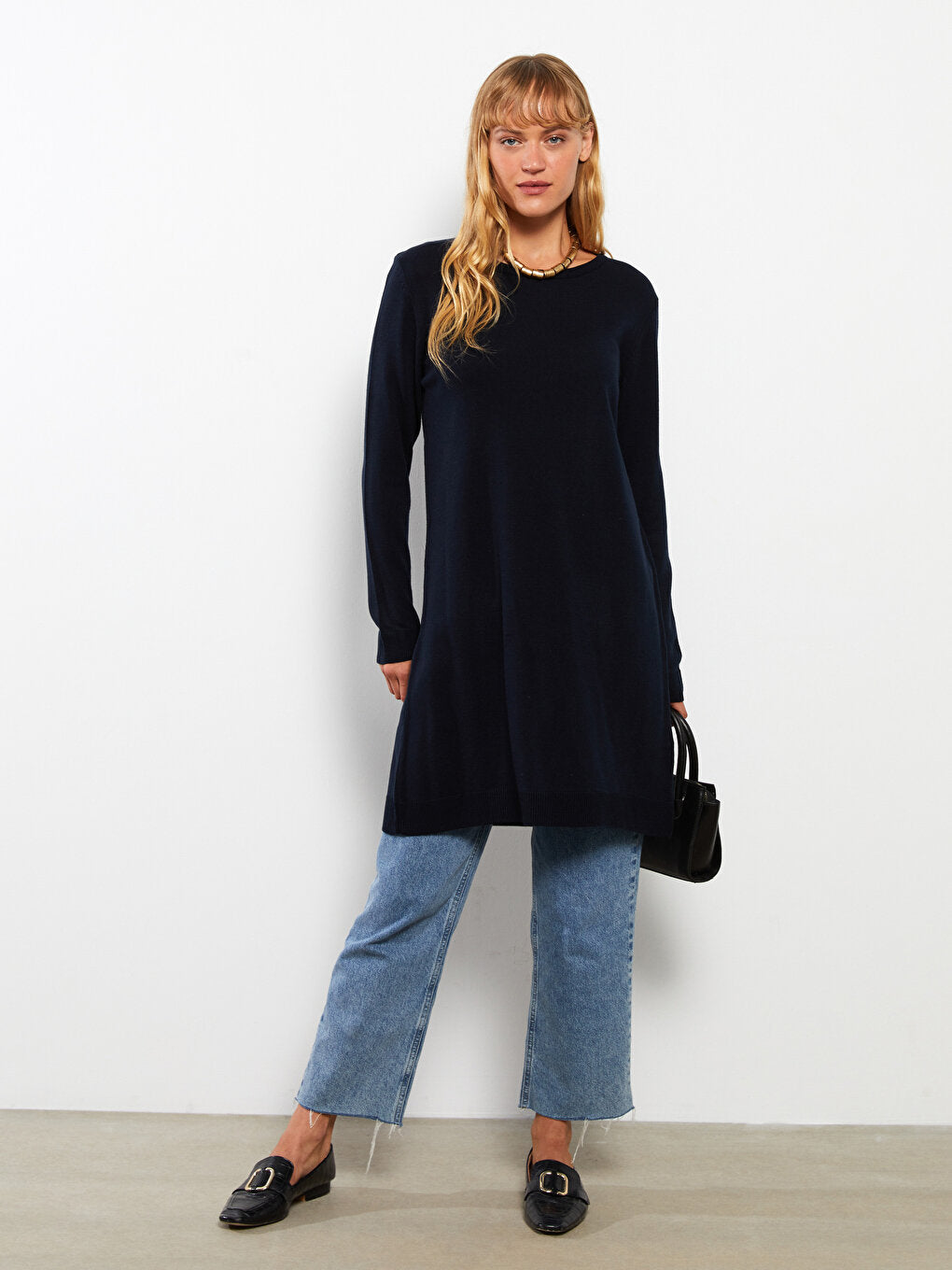 Crew Neck Plain Long Sleeve Women's Knitwear Tunic