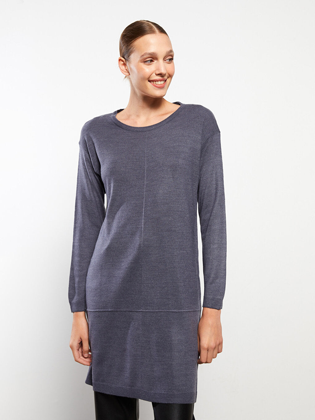 Crew Neck Plain Long Sleeve Women's Knitwear Tunic