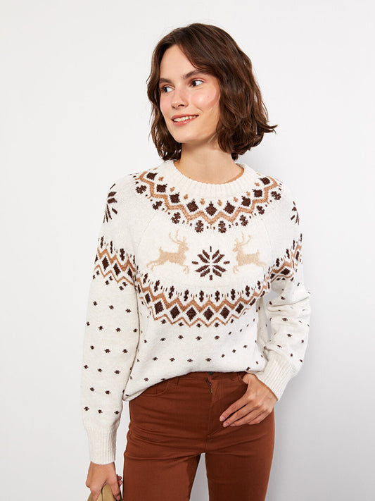 Crew Neck Patterned Long Sleeve Women's Knitwear Sweater