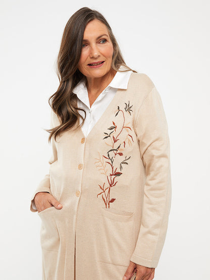 V-Neck Embroidered Long Sleeve Women's Knitwear Cardigan