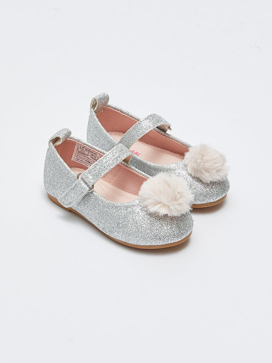 Baby Girl Ballerinas with Velcro and Pompom Detail