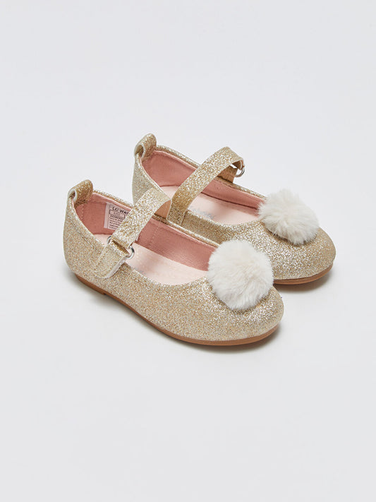 Baby Girl Ballerinas with Velcro and Pompom Detail