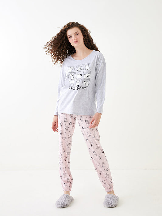 Crew Neck Printed Long Sleeve Women's Pajama Set