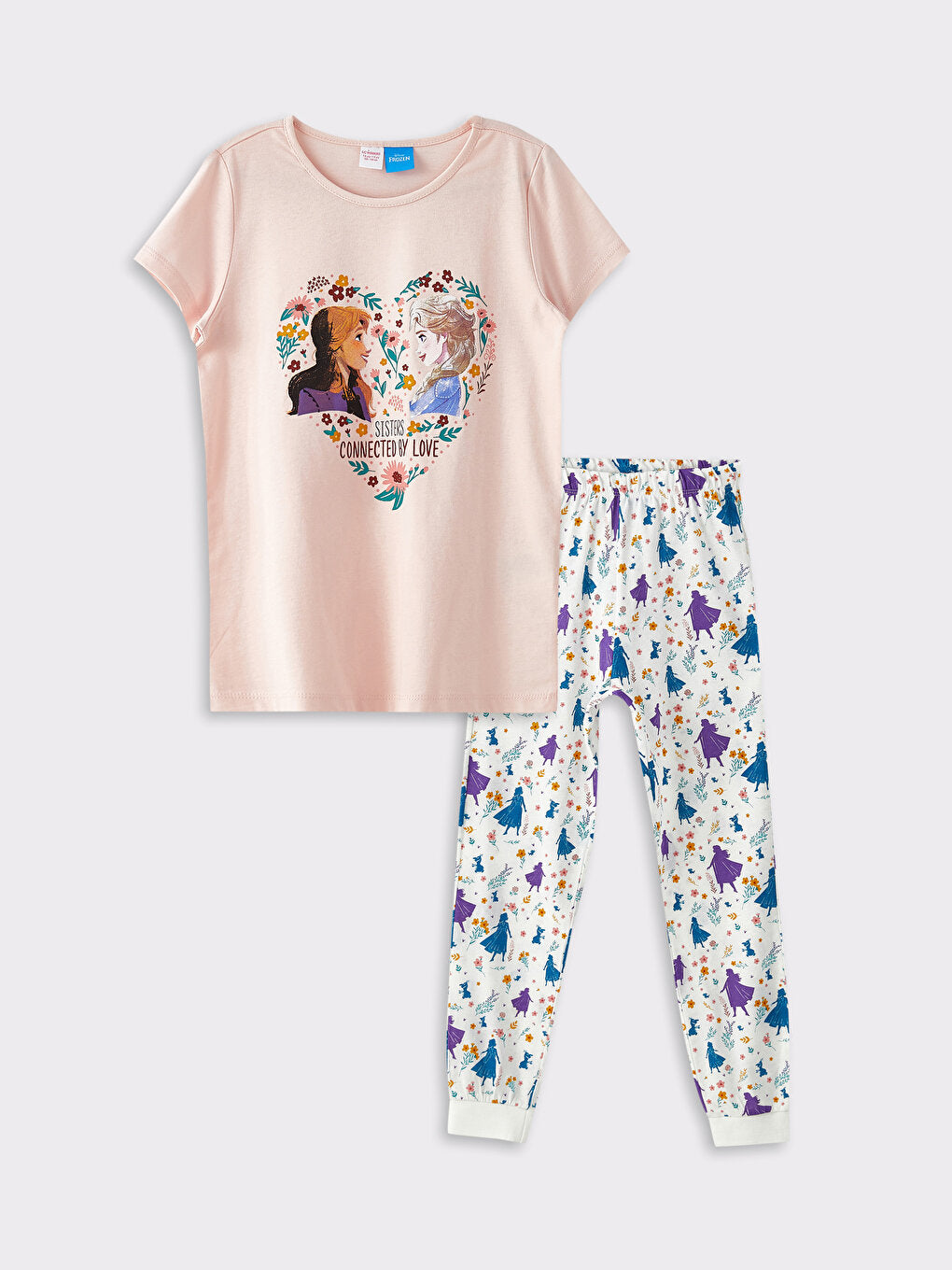 Crew Neck Frozen Printed Short Sleeve Girls Pajama Set