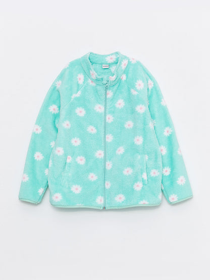 High Collar Patterned Long Sleeve Plush Girl's Zippered Sweatshirt